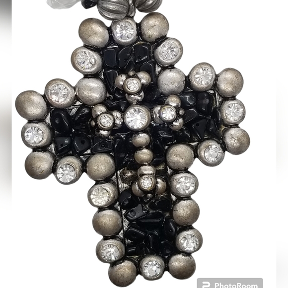 VINTAGE  BLACK ONYX & GLASS RHINESTONE LARGE SOUTHWEST CROSS PENDANT NECKLACE - Picture 4 of 6